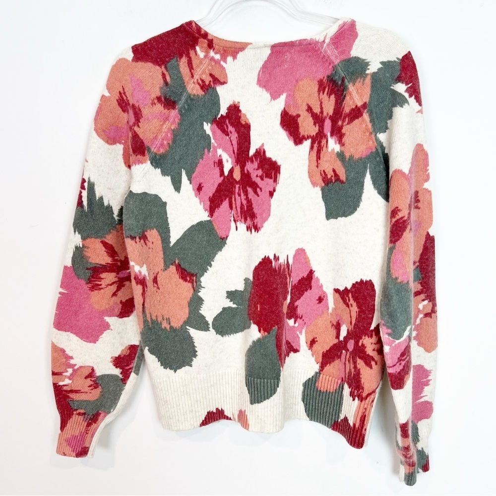 LOFT OFF-WHITE PINK GREEN FLORAL V-NECK LONG SLEEVE SWEATER WOMENS MEDIUM - Picture 4 of 5